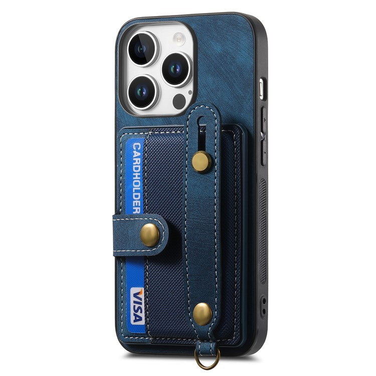 For iPhone 16 Pro Case Wristband Kickstand PU Leather Retro Back Cover Card Holder - Blue