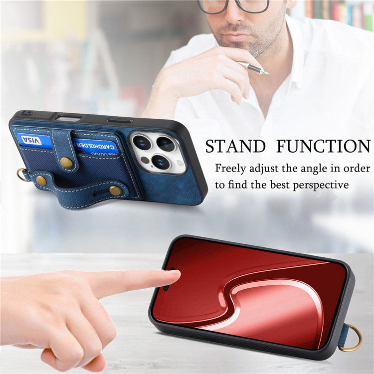 For iPhone 16 Pro Case Wristband Kickstand PU Leather Retro Back Cover Card Holder - Blue