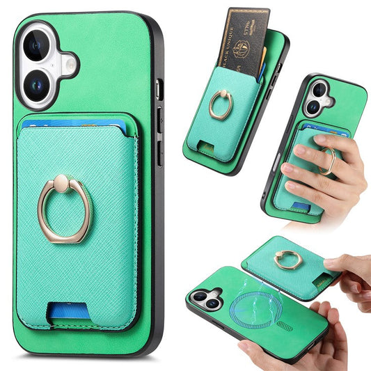 For iPhone 16 Plus Magnetic Case Leather+TPU Phone Cover Detachable Card Bag - Green