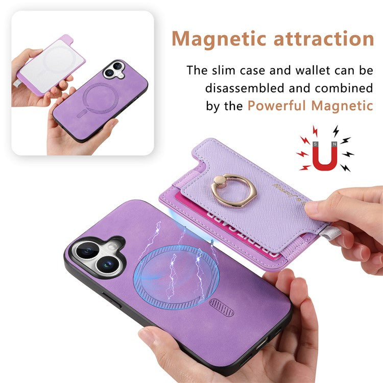 B5 For iPhone 16 Case 2-in-1 Magnetic Detachable Card Holder Leather+TPU Phone Cover - Purple