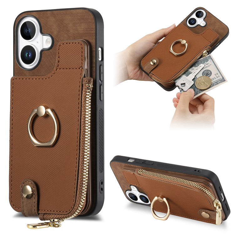 For iPhone 16 Case Zipper Pocket Kickstand Leather Phone Back Cover - Brown
