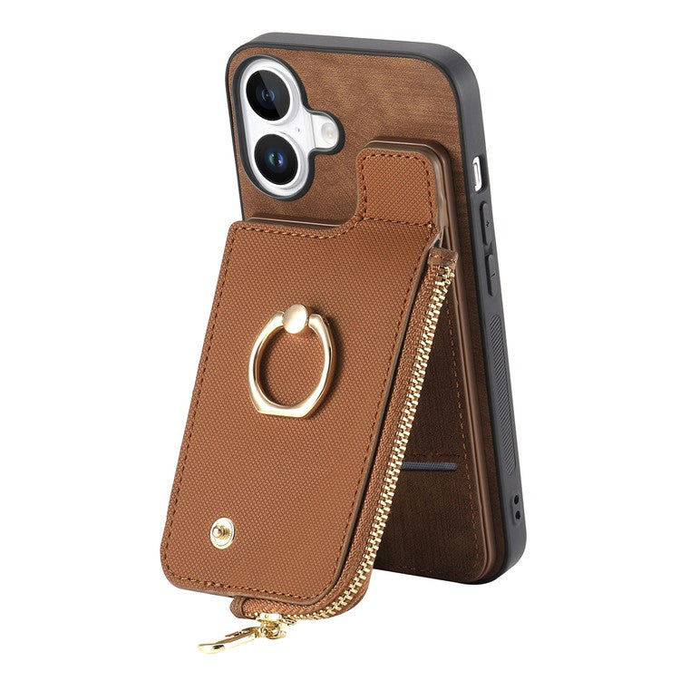 For iPhone 16 Case Zipper Pocket Kickstand Leather Phone Back Cover - Brown