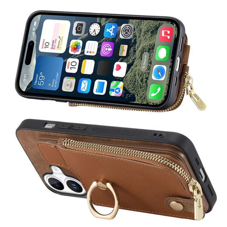 For iPhone 16 Case Zipper Pocket Kickstand Leather Phone Back Cover - Brown