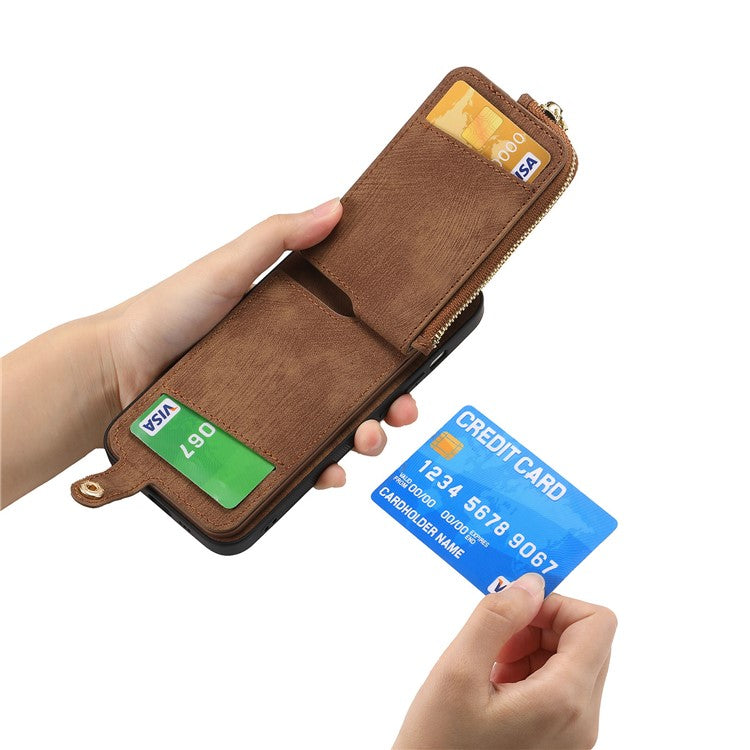 For iPhone 16 Case Zipper Pocket Kickstand Leather Phone Back Cover - Brown