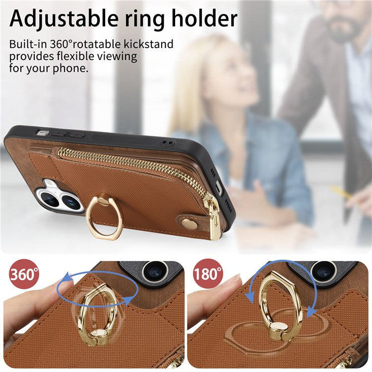 For iPhone 16 Case Zipper Pocket Kickstand Leather Phone Back Cover - Brown