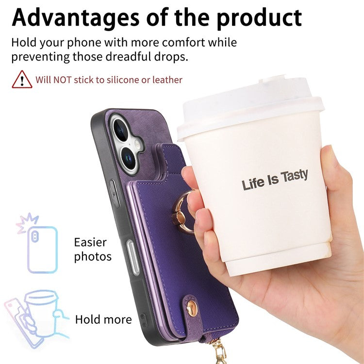 For iPhone 16 Case Zipper Pocket Kickstand Leather Phone Back Cover - Brown