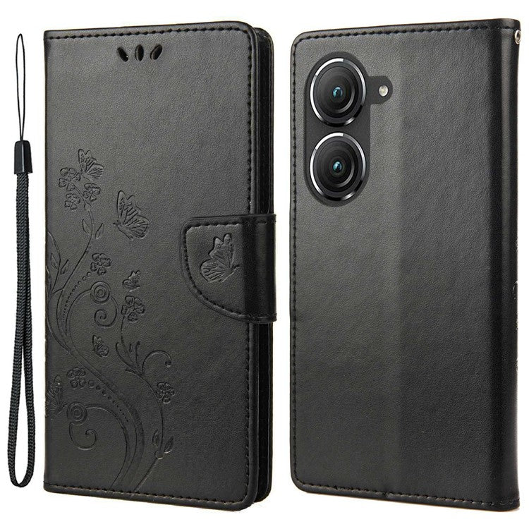 For Asus Zenfone 9 5G PU Leather Wallet Case Imprinting Flower Butterflies Magnetic Closure Stand Flip Cover with Strap - Black