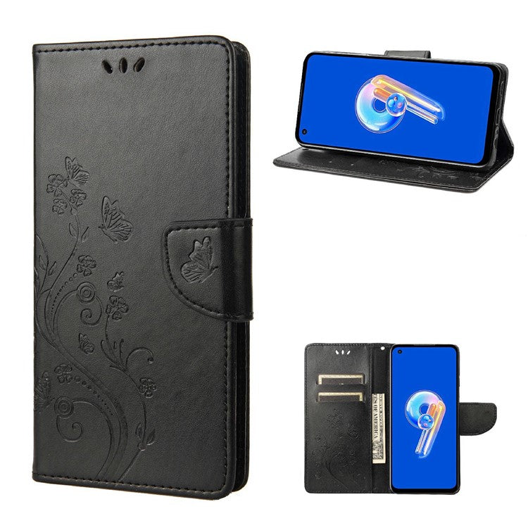 For Asus Zenfone 9 5G PU Leather Wallet Case Imprinting Flower Butterflies Magnetic Closure Stand Flip Cover with Strap - Black