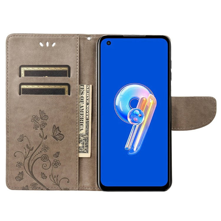 For Asus Zenfone 9 5G PU Leather Wallet Case Imprinting Flower Butterflies Magnetic Closure Stand Flip Cover with Strap - Grey
