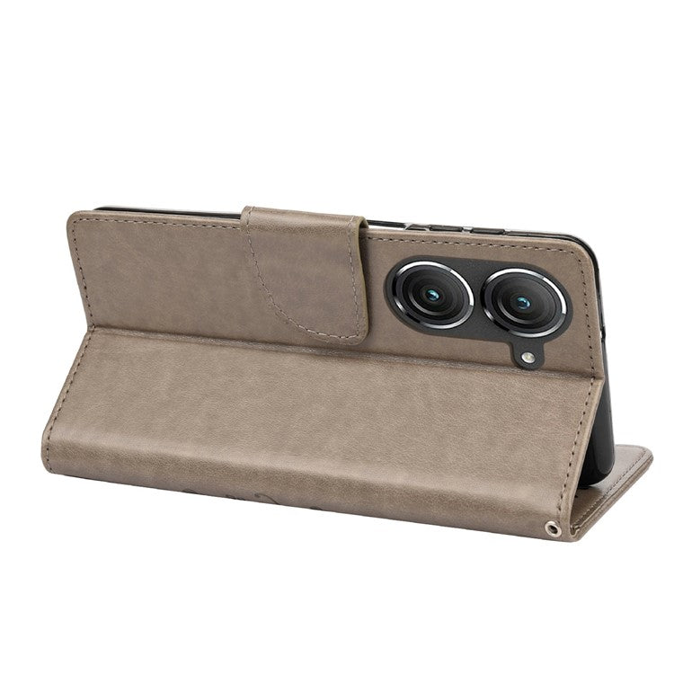 For Asus Zenfone 9 5G PU Leather Wallet Case Imprinting Flower Butterflies Magnetic Closure Stand Flip Cover with Strap - Grey