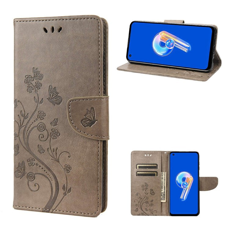 For Asus Zenfone 9 5G PU Leather Wallet Case Imprinting Flower Butterflies Magnetic Closure Stand Flip Cover with Strap - Grey