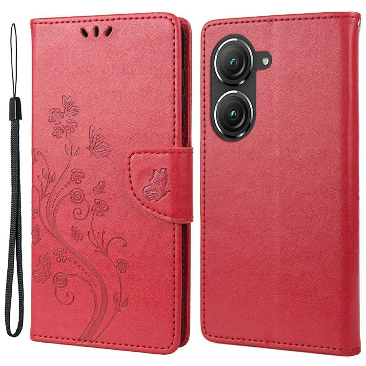 For Asus Zenfone 9 5G PU Leather Wallet Case Imprinting Flower Butterflies Magnetic Closure Stand Flip Cover with Strap - Red