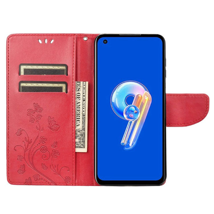 For Asus Zenfone 9 5G PU Leather Wallet Case Imprinting Flower Butterflies Magnetic Closure Stand Flip Cover with Strap - Red