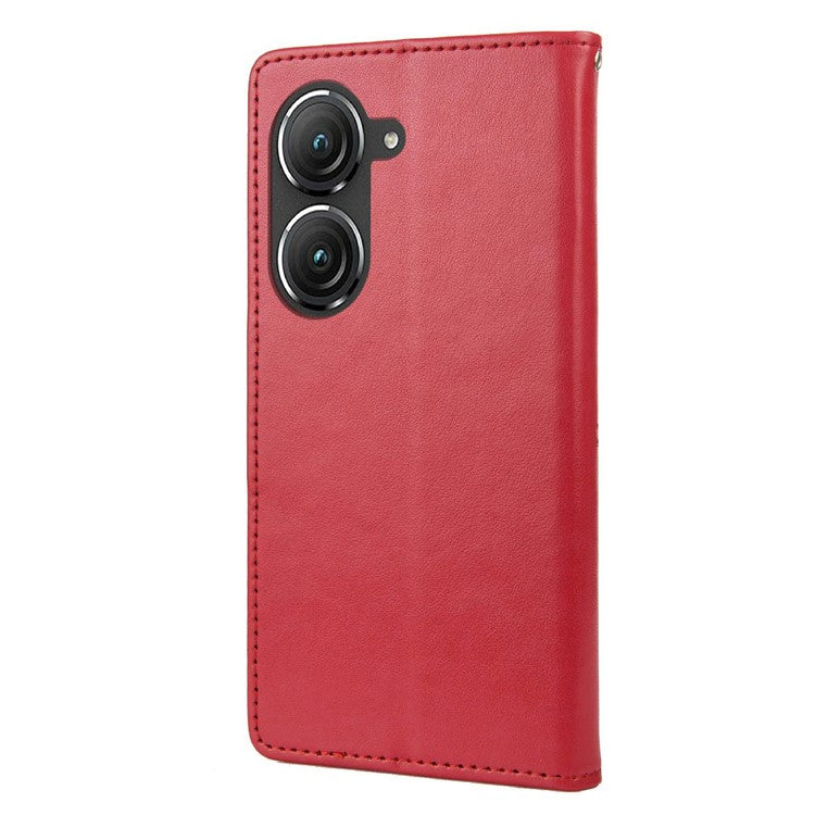 For Asus Zenfone 9 5G PU Leather Wallet Case Imprinting Flower Butterflies Magnetic Closure Stand Flip Cover with Strap - Red