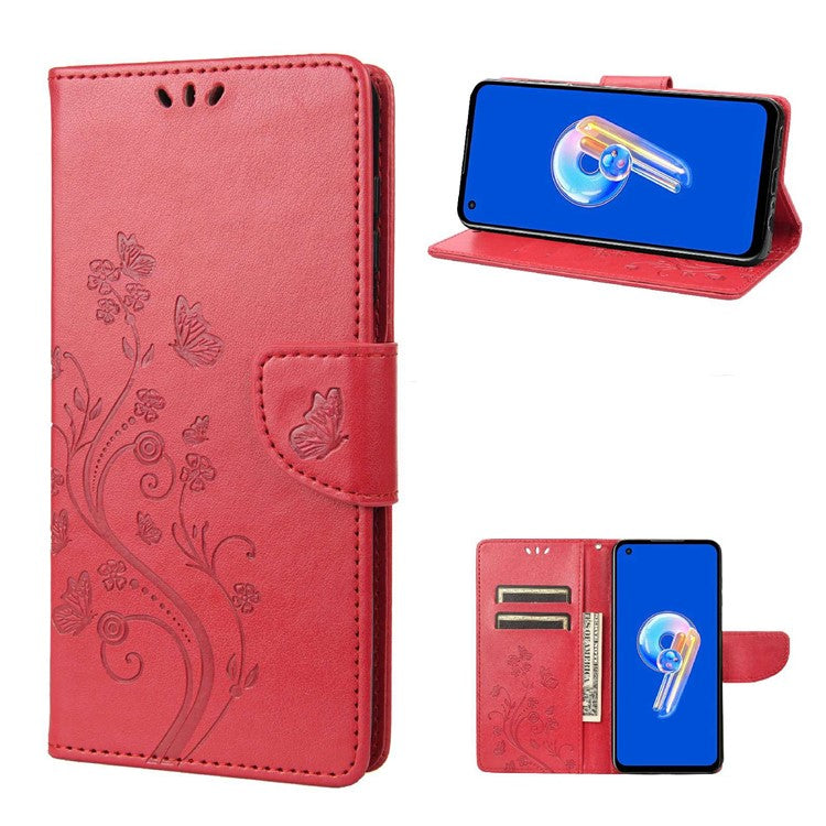 For Asus Zenfone 9 5G PU Leather Wallet Case Imprinting Flower Butterflies Magnetic Closure Stand Flip Cover with Strap - Red