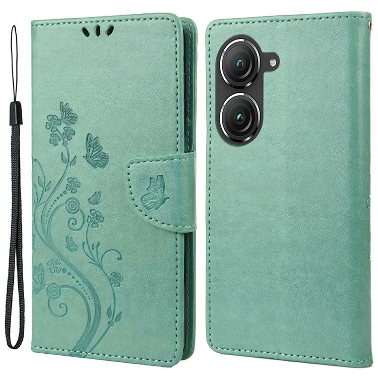 For Asus Zenfone 9 5G PU Leather Wallet Case Imprinting Flower Butterflies Magnetic Closure Stand Flip Cover with Strap - Green