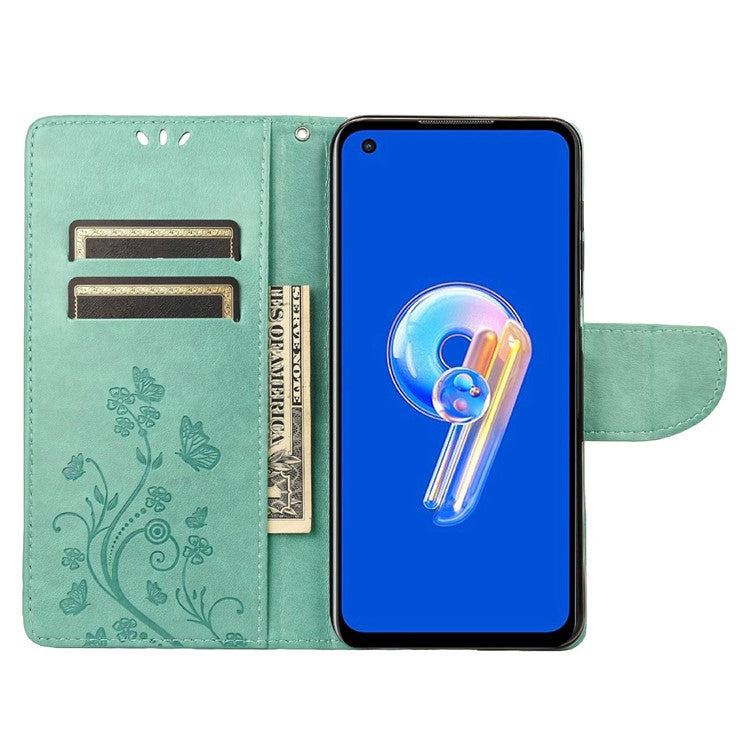 For Asus Zenfone 9 5G PU Leather Wallet Case Imprinting Flower Butterflies Magnetic Closure Stand Flip Cover with Strap - Green