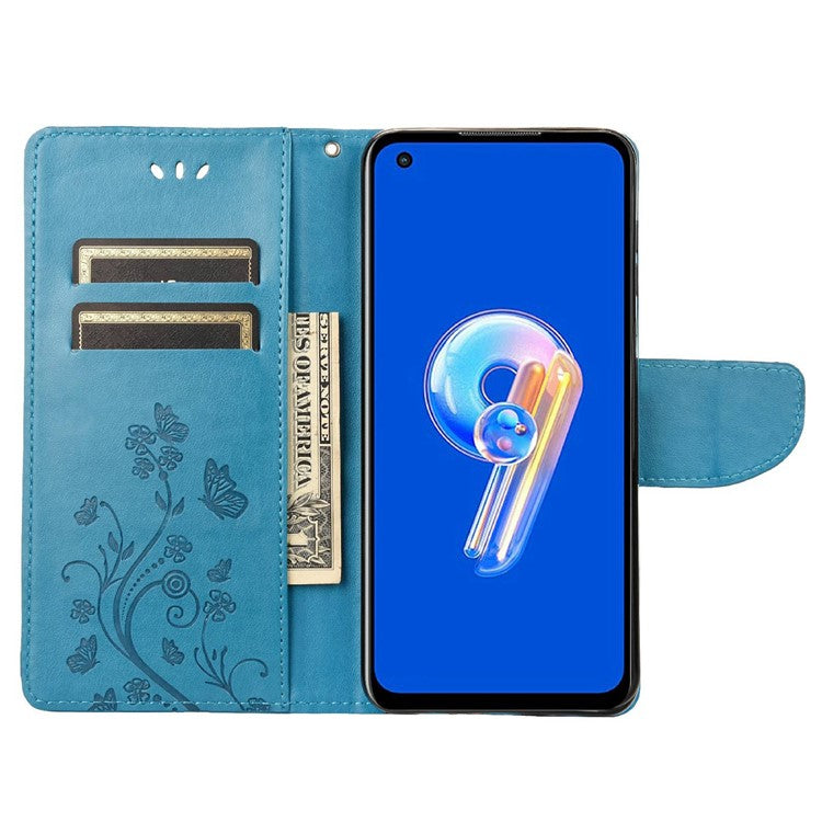 For Asus Zenfone 9 5G PU Leather Wallet Case Imprinting Flower Butterflies Magnetic Closure Stand Flip Cover with Strap - Blue