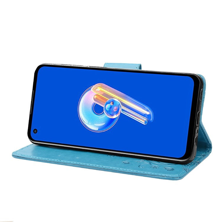 For Asus Zenfone 9 5G PU Leather Wallet Case Imprinting Flower Butterflies Magnetic Closure Stand Flip Cover with Strap - Blue