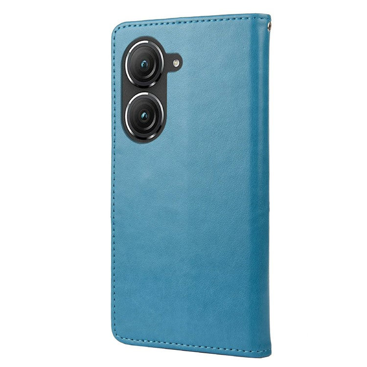 For Asus Zenfone 9 5G PU Leather Wallet Case Imprinting Flower Butterflies Magnetic Closure Stand Flip Cover with Strap - Blue