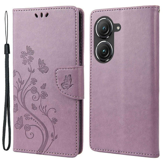 For Asus Zenfone 9 5G PU Leather Wallet Case Imprinting Flower Butterflies Magnetic Closure Stand Flip Cover with Strap - Light Purple