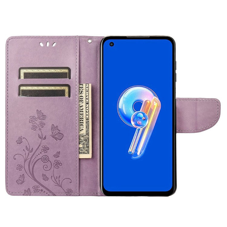 For Asus Zenfone 9 5G PU Leather Wallet Case Imprinting Flower Butterflies Magnetic Closure Stand Flip Cover with Strap - Light Purple