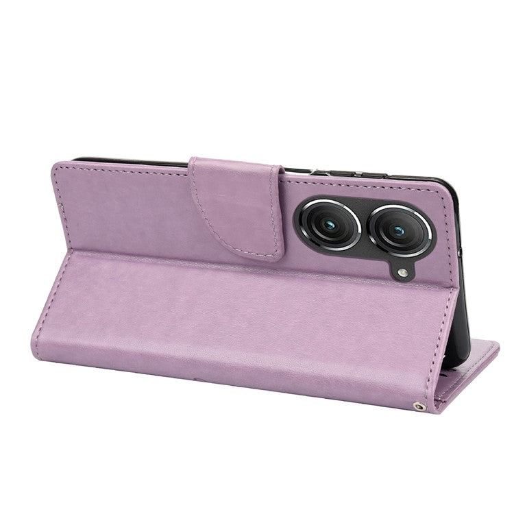 For Asus Zenfone 9 5G PU Leather Wallet Case Imprinting Flower Butterflies Magnetic Closure Stand Flip Cover with Strap - Light Purple