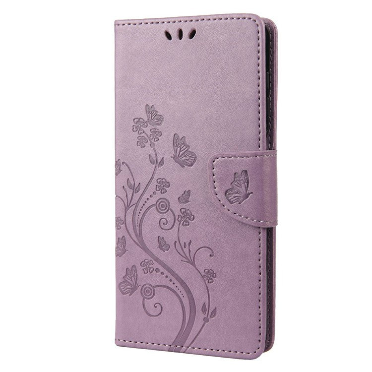 For Asus Zenfone 9 5G PU Leather Wallet Case Imprinting Flower Butterflies Magnetic Closure Stand Flip Cover with Strap - Light Purple