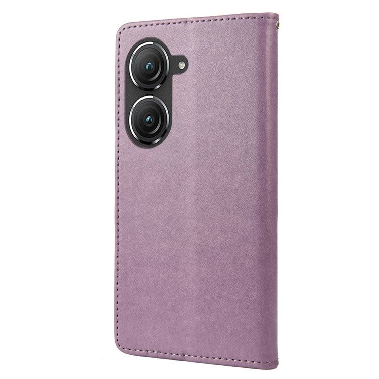 For Asus Zenfone 9 5G PU Leather Wallet Case Imprinting Flower Butterflies Magnetic Closure Stand Flip Cover with Strap - Light Purple