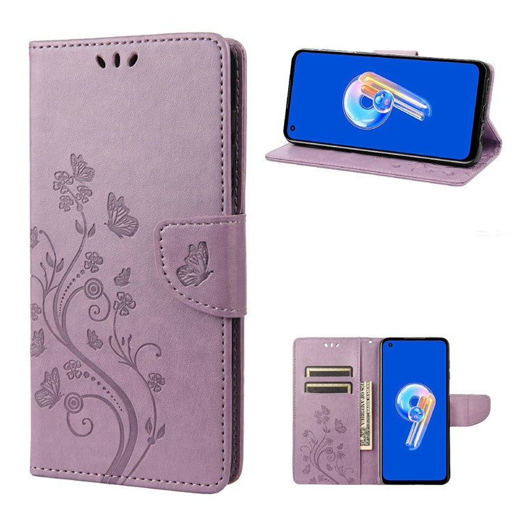 For Asus Zenfone 9 5G PU Leather Wallet Case Imprinting Flower Butterflies Magnetic Closure Stand Flip Cover with Strap - Light Purple
