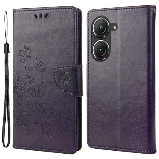 For Asus Zenfone 9 5G PU Leather Wallet Case Imprinting Flower Butterflies Magnetic Closure Stand Flip Cover with Strap - Purple