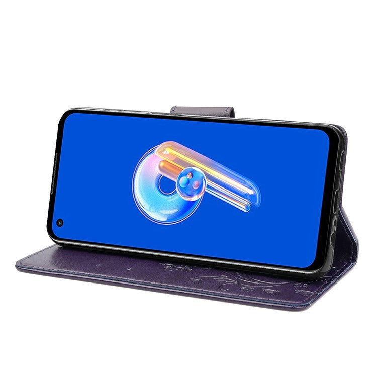 For Asus Zenfone 9 5G PU Leather Wallet Case Imprinting Flower Butterflies Magnetic Closure Stand Flip Cover with Strap - Purple