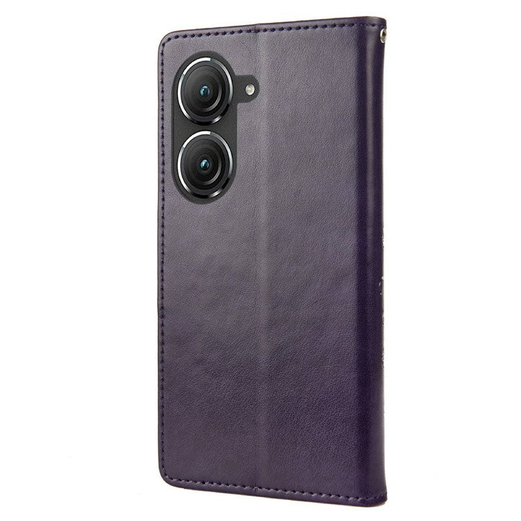 For Asus Zenfone 9 5G PU Leather Wallet Case Imprinting Flower Butterflies Magnetic Closure Stand Flip Cover with Strap - Purple