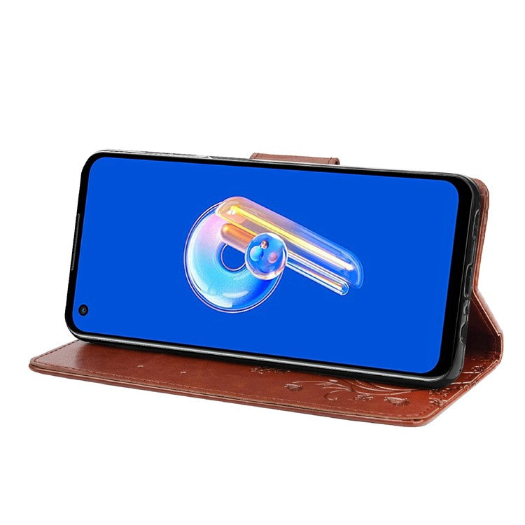 For Asus Zenfone 9 5G PU Leather Wallet Case Imprinting Flower Butterflies Magnetic Closure Stand Flip Cover with Strap - Brown
