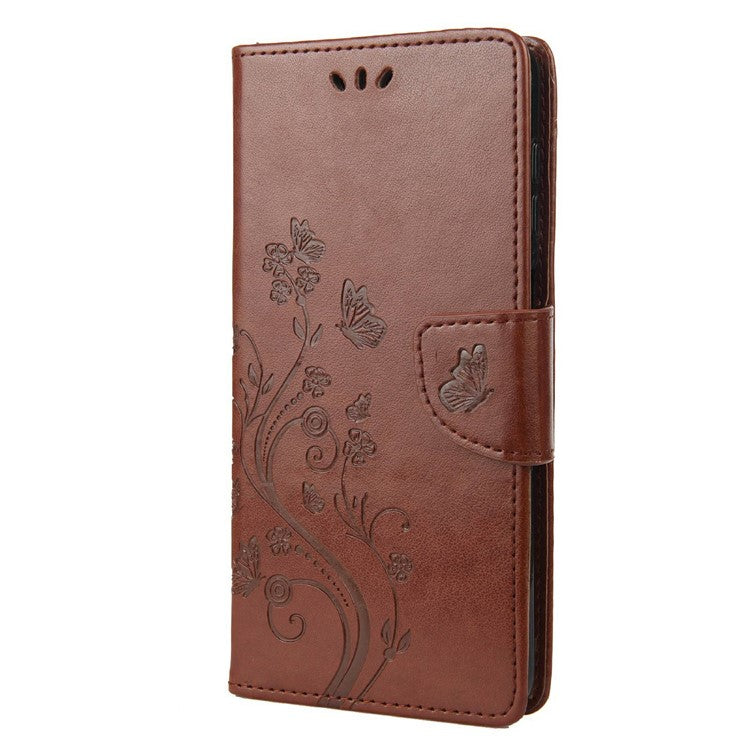 For Asus Zenfone 9 5G PU Leather Wallet Case Imprinting Flower Butterflies Magnetic Closure Stand Flip Cover with Strap - Brown