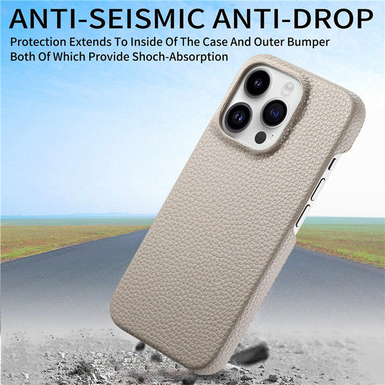Y1 For iPhone 16 Pro Case Shockproof Litchi Texture Leather+PC Phone Cover - Khaki Grey