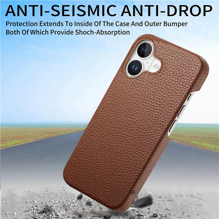 Y1 For iPhone 16 Case Shockproof Litchi Texture Leather+PC Phone Cover - Brown