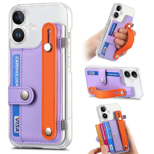 CY1 For iPhone 16 Plus Case Card Slot Wristband Kickstand Leather+PC Phone Cover - Purple