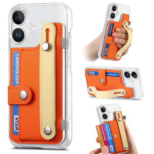 CY1 For iPhone 16 Plus Case Card Slot Wristband Kickstand Leather+PC Phone Cover - Orange