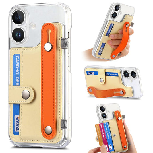 CY1 For iPhone 16 Plus Case Card Slot Wristband Kickstand Leather+PC Phone Cover - Yellow