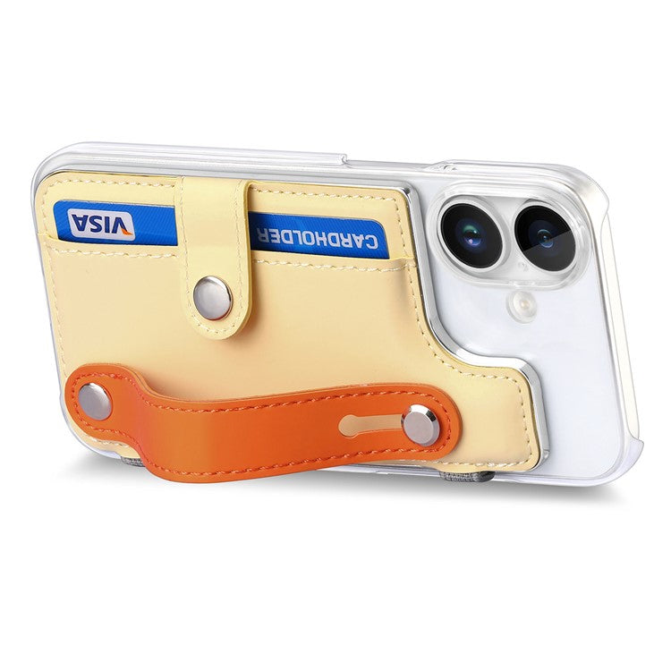 CY1 For iPhone 16 Plus Case Card Slot Wristband Kickstand Leather+PC Phone Cover - Yellow