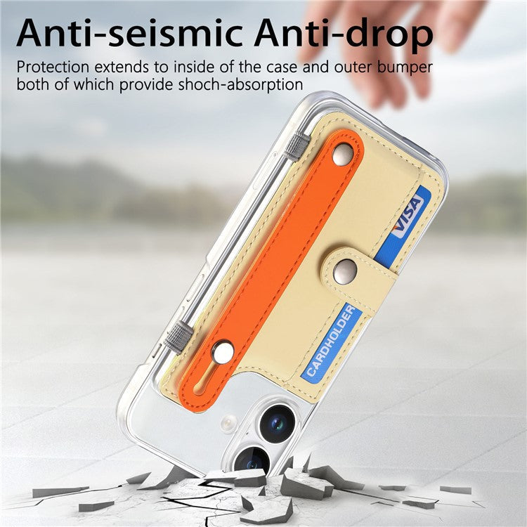 CY1 For iPhone 16 Plus Case Card Slot Wristband Kickstand Leather+PC Phone Cover - Yellow