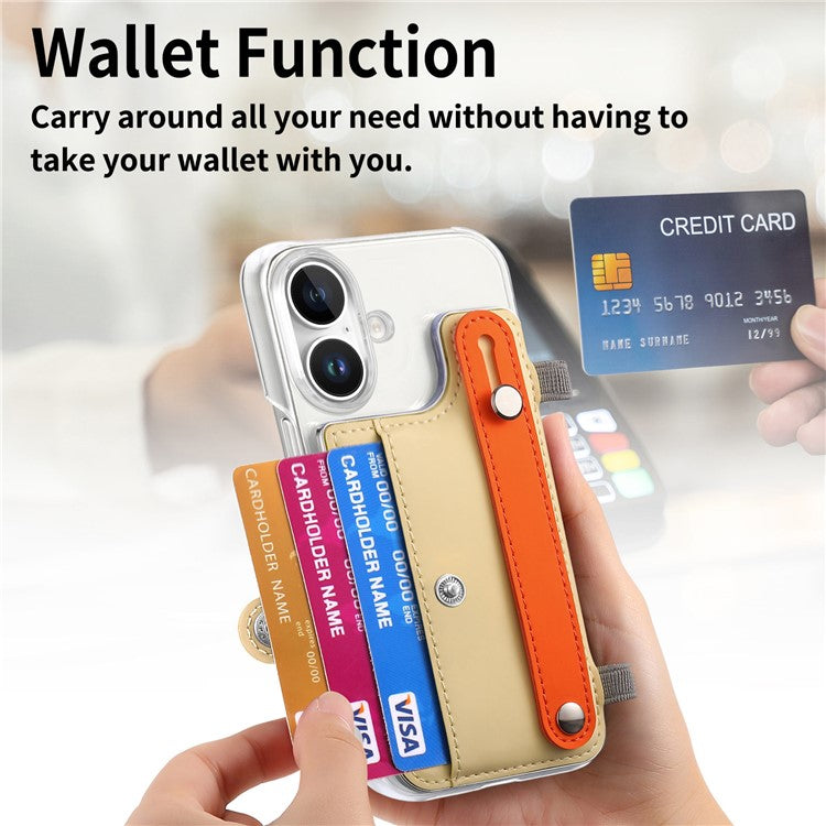 CY1 For iPhone 16 Plus Case Card Slot Wristband Kickstand Leather+PC Phone Cover - Yellow