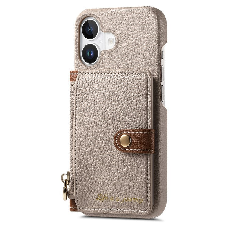 Y4 For iPhone 16 Case Zipper Pocket Leather+TPU Phone Cover Card Holder Kickstand - Khaki
