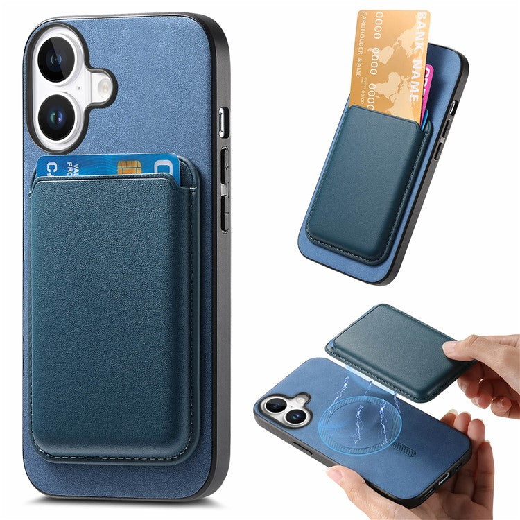 B2 For iPhone 16 Plus Case Detachable Magnetic Card Bag Leather+TPU Phone Cover - Blue