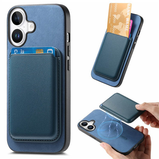 B2 For iPhone 16 Plus Case Detachable Magnetic Card Bag Leather+TPU Phone Cover - Blue