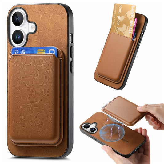 B2 For iPhone 16 Plus Case Detachable Magnetic Card Bag Leather+TPU Phone Cover - Brown