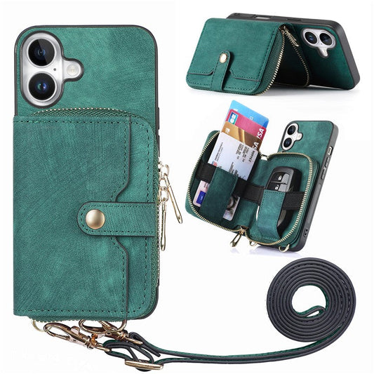 For iPhone 16 Plus Case Zipper Card Holder PU Leather Phone Back Cover with Long Strap - Green
