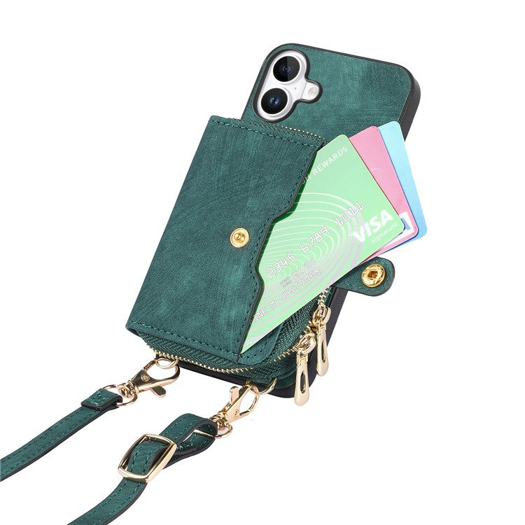 For iPhone 16 Plus Case Zipper Card Holder PU Leather Phone Back Cover with Long Strap - Green
