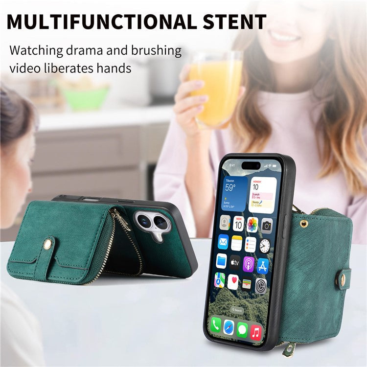 For iPhone 16 Plus Case Zipper Card Holder PU Leather Phone Back Cover with Long Strap - Green